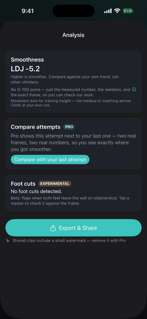 Veraclimb analysis screen showing a measured smoothness value with a compare-attempts option