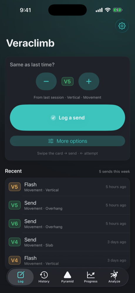 Veraclimb log screen — one-tap send logging with recent climbs